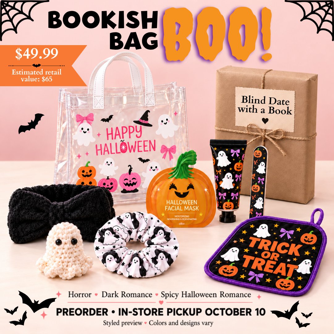 Halloween-themed bookish bag bundle featuring a clear tote bag with 'Happy Halloween' print, a brown gift box labeled 'Blind Date with a Book', a tube of hand cream, a black hair band, a white crochet ghost, a black-and-white ghost-print scrunchie, a halloween facial mask, and a purple 'Trick or Treat' makeup remover cloth, all arranged on a pink background with promotional text.